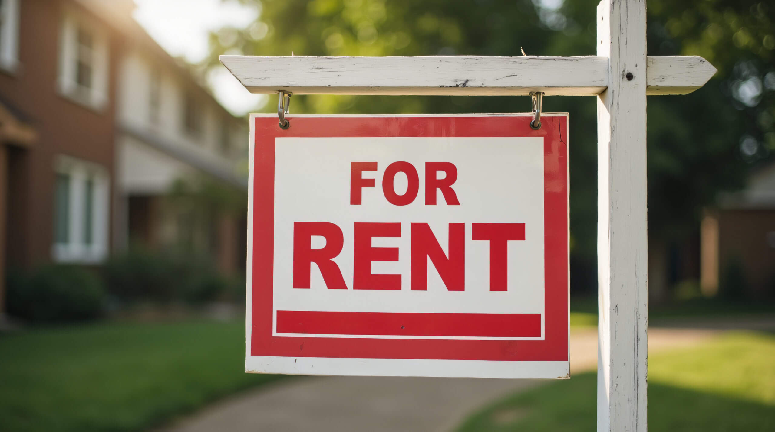 Red 'For Rent' sign outside a house