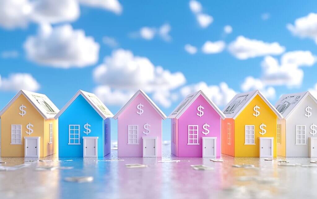 Colorful houses with dollar signs, financial concept