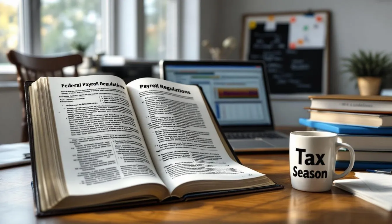 The image depicts a detailed representation of federal payroll regulations, highlighting key concepts such as payroll compliance, payroll taxes, and the Fair Labor Standards Act. It serves as a visual guide for HR professionals to navigate payroll laws and ensure compliance with federal income tax and minimum wage requirements.