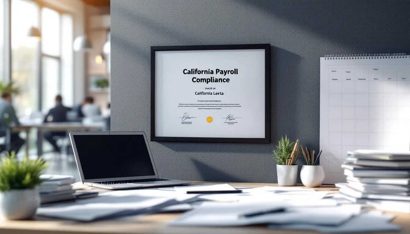 A photorealistic image depicting a checklist for California payroll compliance, featuring items related to payroll taxes, overtime pay, and federal unemployment tax act. The checklist emphasizes the importance of adhering to payroll compliance laws and maintaining accurate payroll records to ensure compliance with applicable laws.