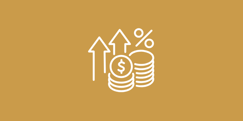 Financial growth illustrated with arrows and coins.