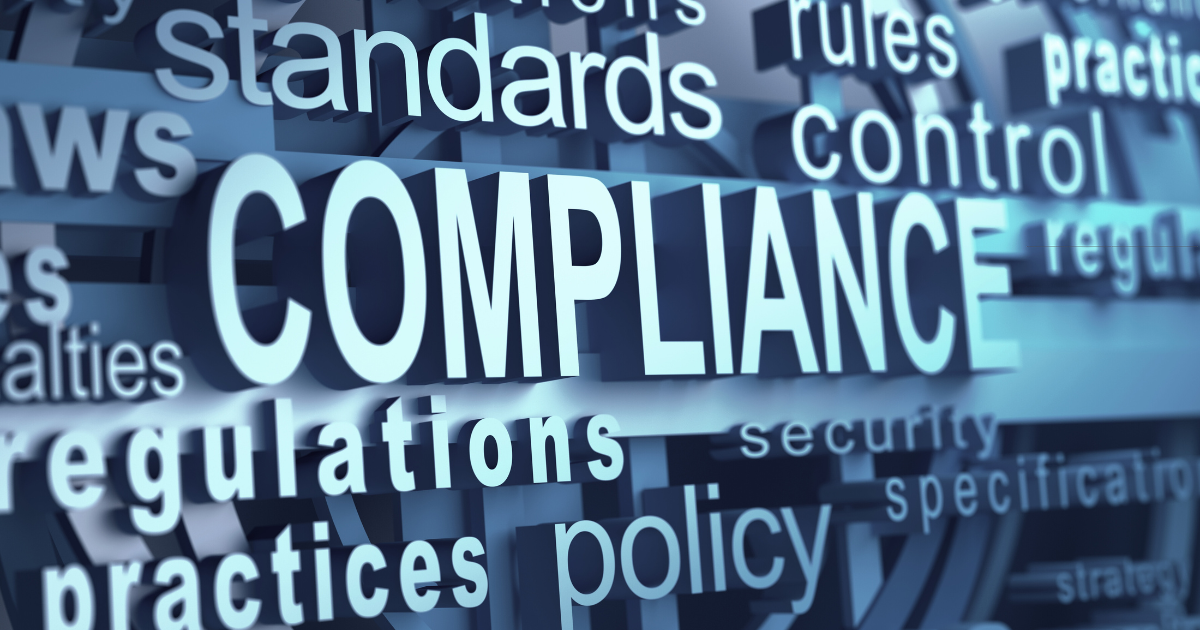 Words on a blue background with the word compliance more prominent.