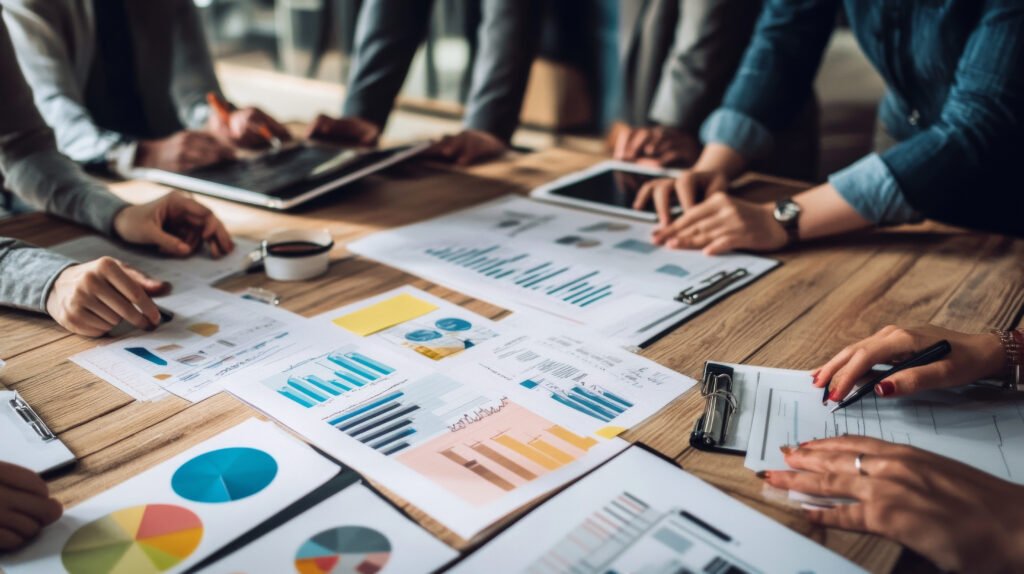 Team analyzing graphs and financial documents on table.