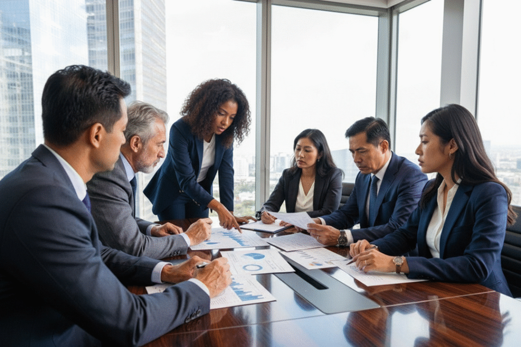 Diverse team discussing documents in office meeting.